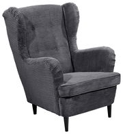 Grauer Ohrensessel mit geripptem Stoffbezug, Vorderansicht