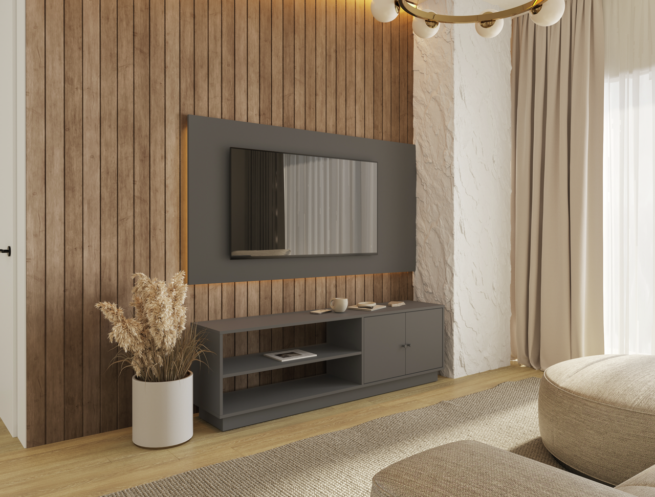 BOXXX TV-Lowboard MAJA Modernes TV-Lowboard in dunklem Holzton, frontal fotografiert, mit dekorativen Elementen und einem Fernseher darüber.