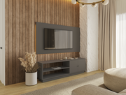 Modernes TV-Lowboard in dunklem Holzton, frontal fotografiert, mit dekorativen Elementen und einem Fernseher darüber.