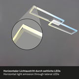Moderne LED Deckenleuchte in Aluchrom mit horizontalem Lichtaustritt durch seitliche LEDs, seitliche Perspektive.
