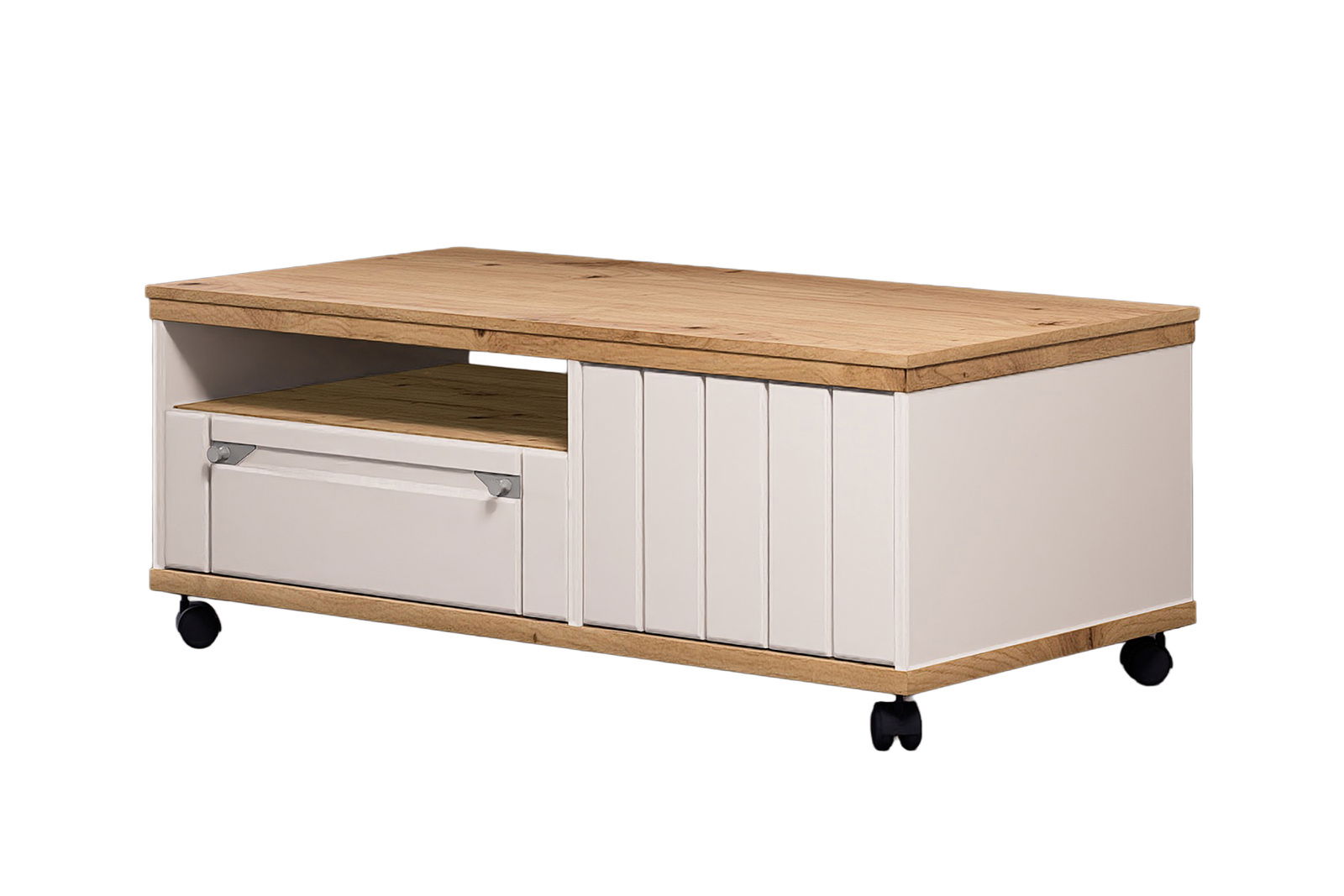 Moderner Couchtisch mit Holzplatte und weißen Seiten, auf Rollen, seitliche Perspektive