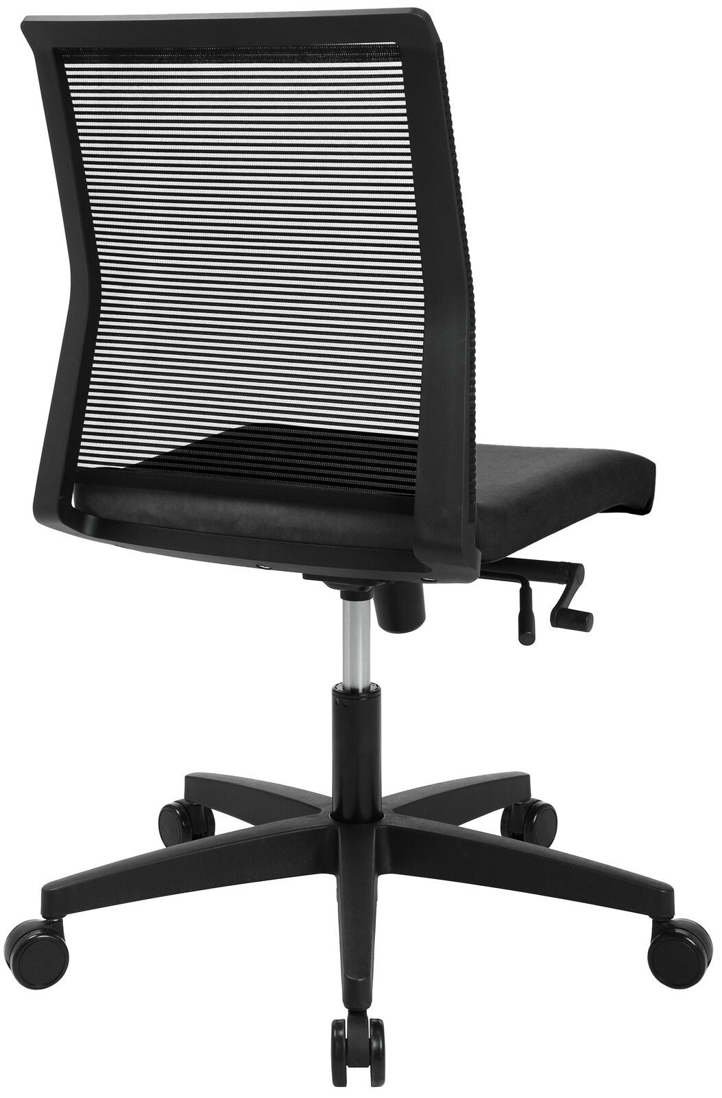 Rückansicht eines schwarzen Drehstuhls mit Netzrückenlehne und Rollen