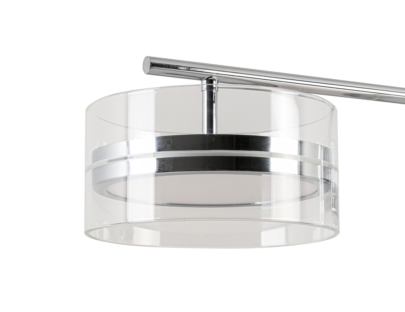 Moderne LED-Hängeleuchte mit transparentem zylindrischem Schirm und silbernen Akzenten, seitliche Perspektive