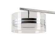 Moderne LED-Hängeleuchte mit transparentem zylindrischem Schirm und silbernen Akzenten, seitliche Perspektive