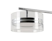Moderne LED-Hängeleuchte mit transparentem zylindrischem Schirm und silbernen Akzenten, seitliche Perspektive