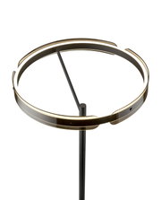 Moderne LED-Stehleuchte mit ringförmigem Leuchtkörper in Schwarz mit warmweißem Licht, freigestellt auf weißem Hintergrund, Ansicht leicht von oben schräg
