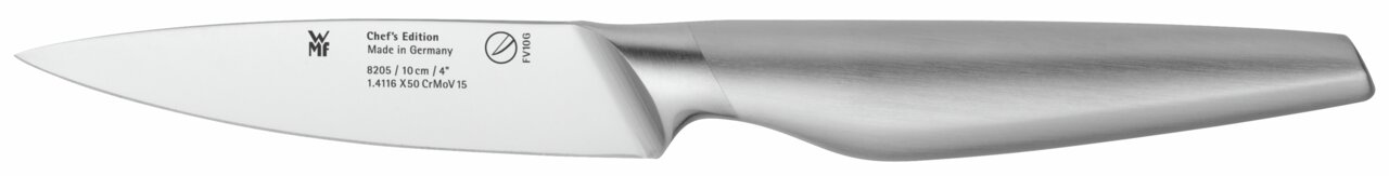 Keukenmes uit de Chef's Edition van WMF, zijaanzicht, roestvrijstalen lemmet met de gravure 'Made in Germany'.