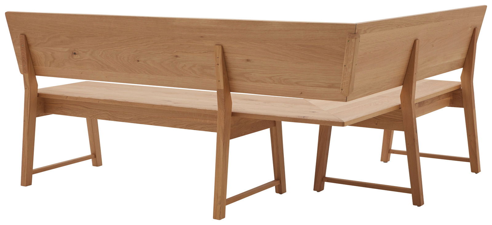 Rückansicht einer Eckbank aus Holz mit klaren Linien und natürlicher Holzmaserung.