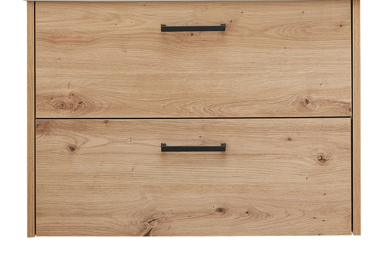 Frontansicht eines Waschtischunterschranks aus Holz mit zwei Schubladen und schwarzen Griffen.