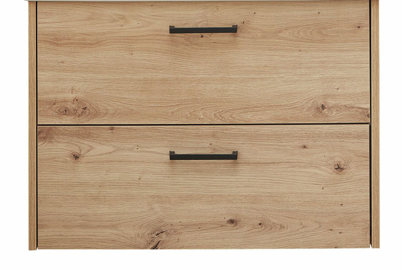 Frontansicht eines Waschtischunterschranks aus Holz mit zwei Schubladen und schwarzen Griffen.