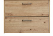 Vooraanzicht van een houten wastafelonderkast met twee lades en zwarte handgrepen.