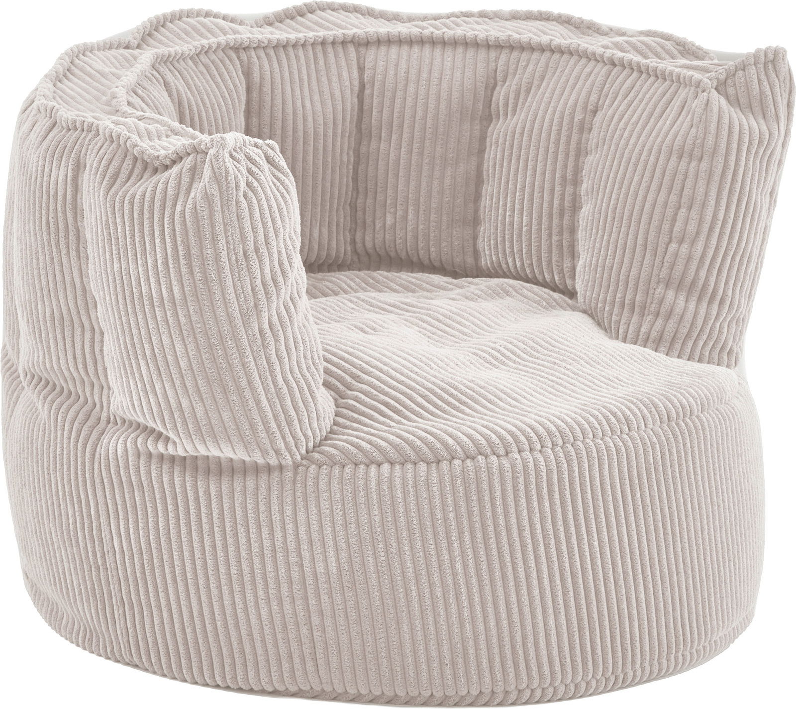 Gemütlicher, kleiner Sitzsack aus beigem, geripptem Stoff, seitliche Perspektive