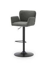 Grauer Barhocker mit Armlehnen und schwarzem Standfuß, seitliche Perspektive