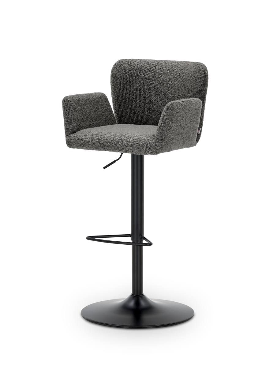 Grauer Barhocker mit Armlehnen und schwarzem Standfuß, seitliche Perspektive