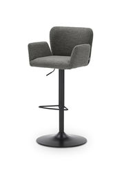Grauer Barhocker mit Armlehnen und schwarzem Standfuß, seitliche Perspektive