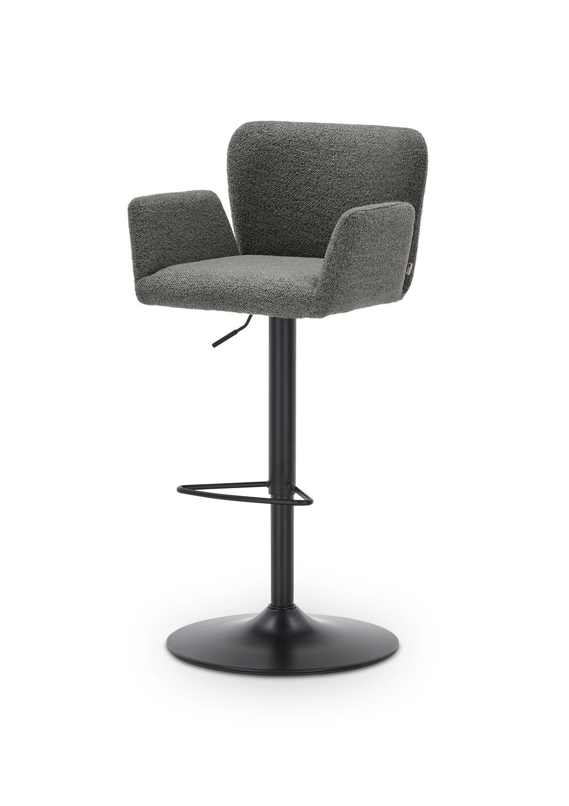 Grauer Barhocker mit Armlehnen und schwarzem Standfuß, seitliche Perspektive