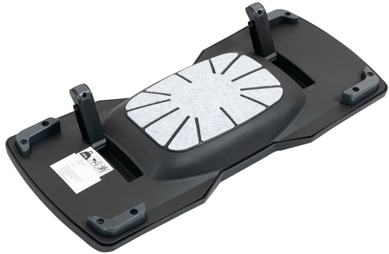 Fußstütze Novel TERENCE in schwarzer Farbe, von oben betrachtet, mit verstellbaren Elementen und rutschfester Oberfläche.