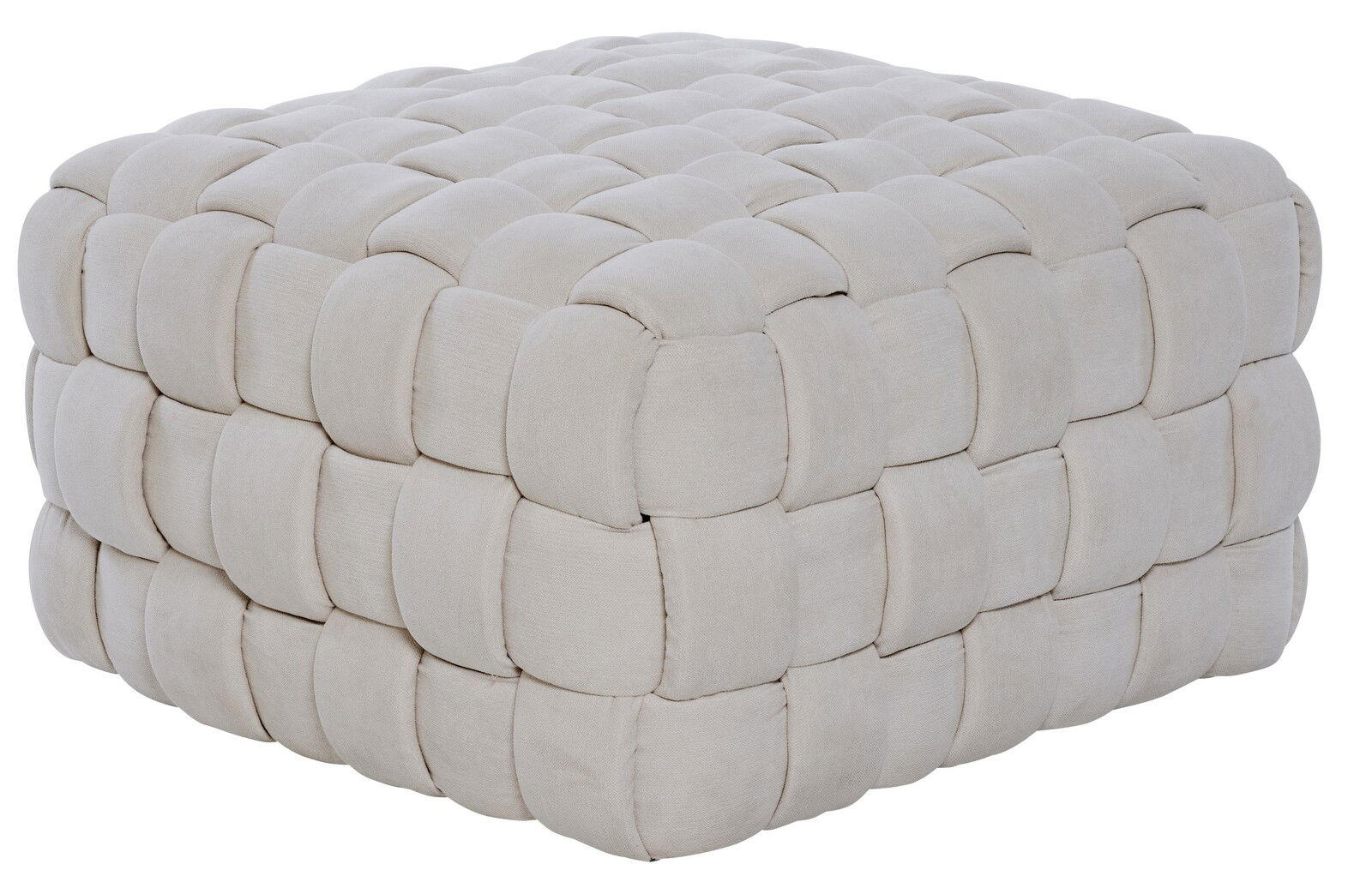 Beiger, geflochtener Hocker in quadratischer Form, seitliche Perspektive