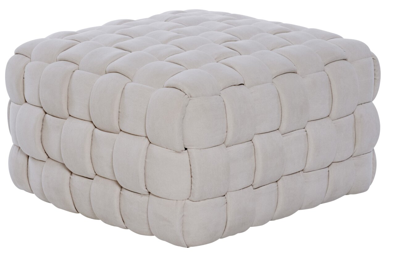 Beiger, geflochtener Hocker in quadratischer Form, seitliche Perspektive