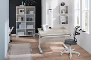 Moderner Schreibtisch in einem hellen Raum mit ergonomischem Stuhl, Bücherregal und Wandregalen, seitliche Perspektive.