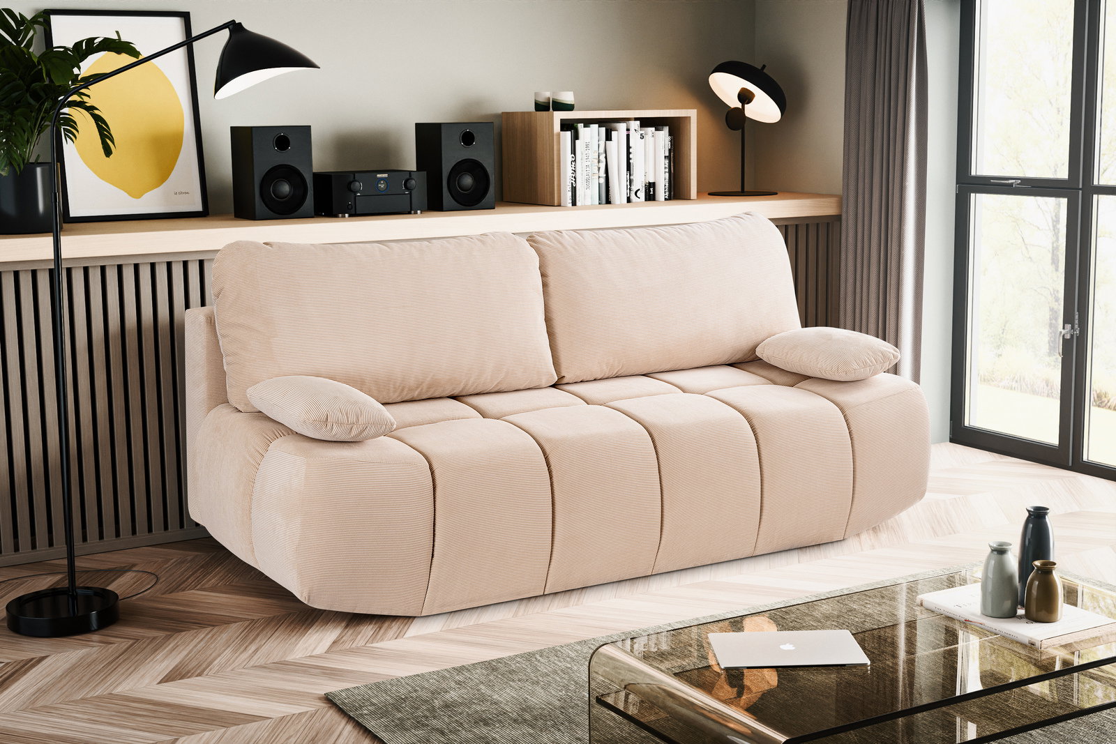 Beiges Schlafsofa, 2-Sitzer, in modernem Wohnzimmer mit Blick von vorne, umgeben von stilvollen Dekorationen und natürlichem Licht.