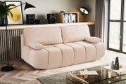 Beiges Schlafsofa, 2-Sitzer, in modernem Wohnzimmer mit Blick von vorne, umgeben von stilvollen Dekorationen und natürlichem Licht.
