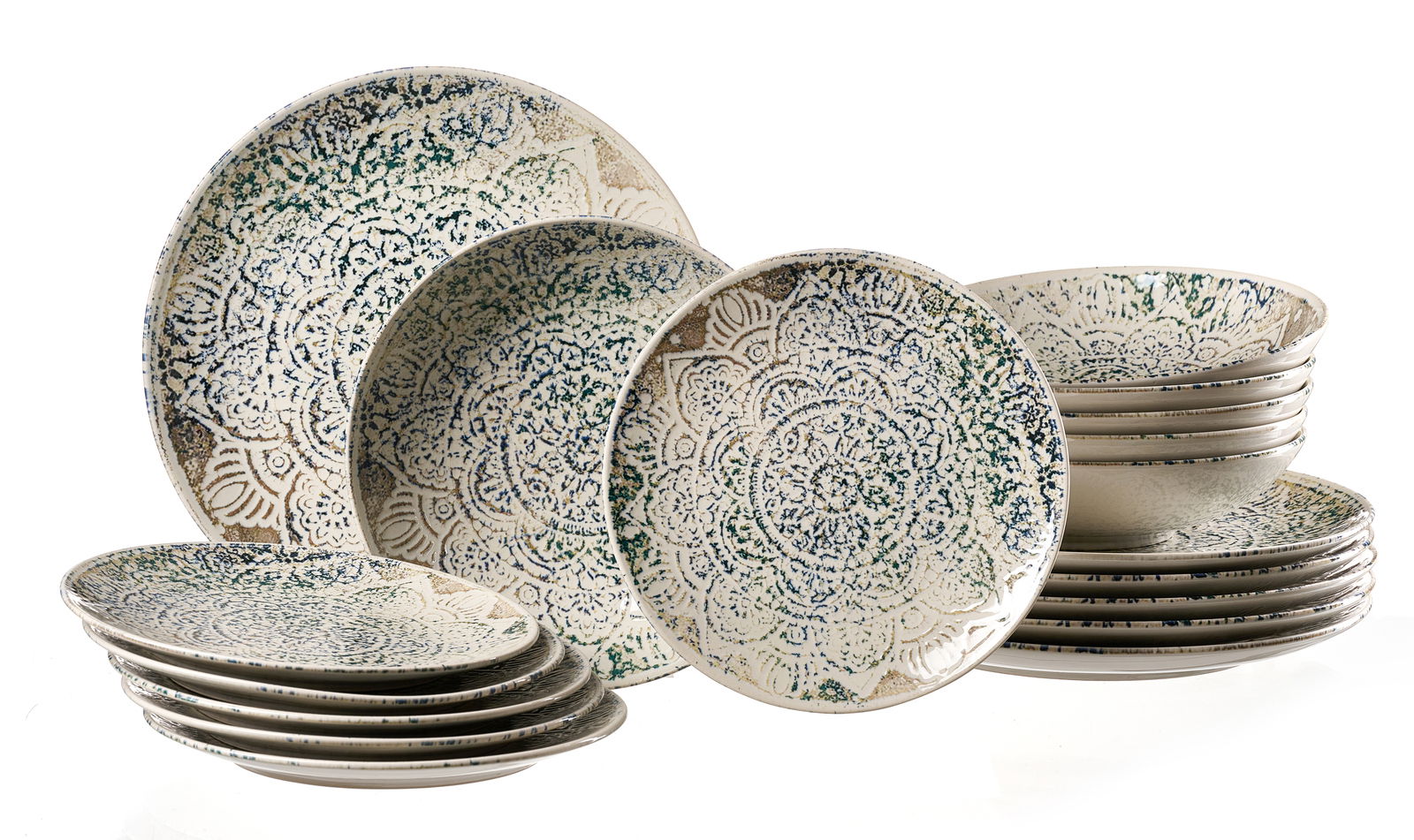 Ritzenhoff & Breker Tafelservice 18-tlg. LUIGI Tafelservice 18-tlg. mit kunstvollem, floralem Muster in Blau und Grün, seitliche Perspektive