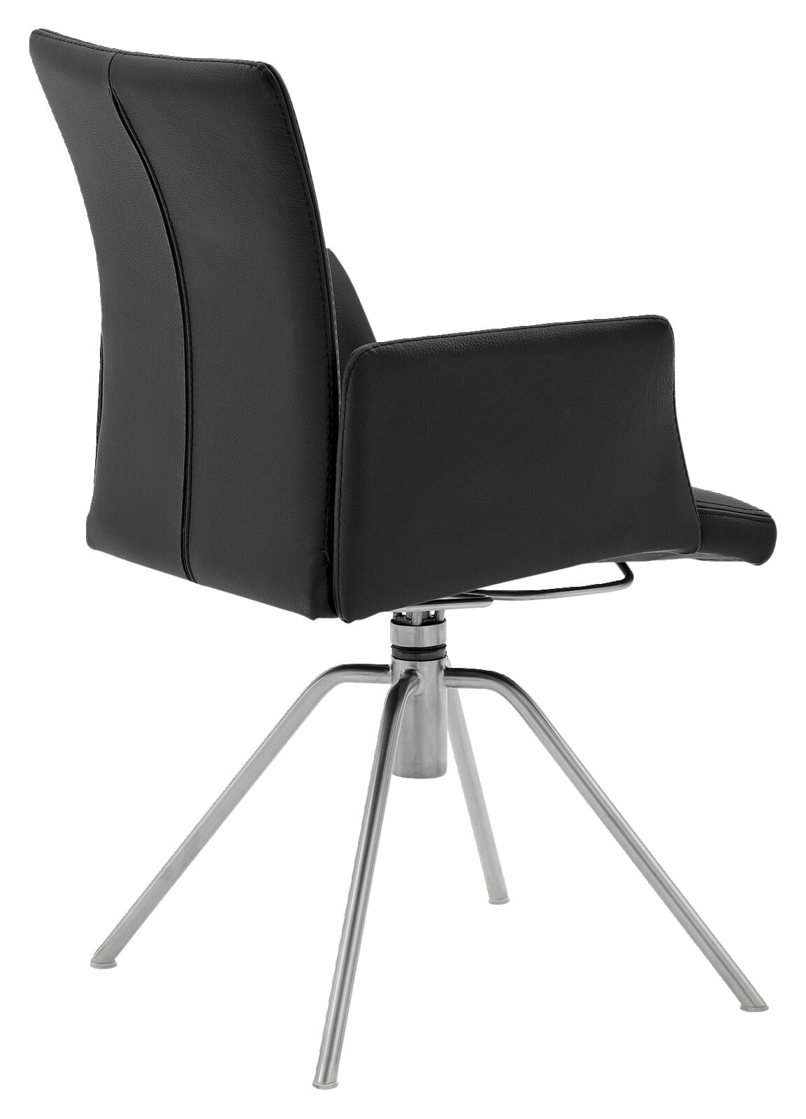 Moderne zwarte fauteuil met metalen poten, achteraanzicht