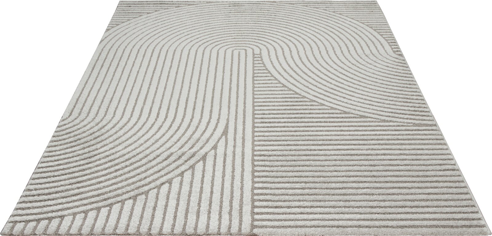 Moderner Teppich in Beige und Grau mit abstraktem Linienmuster, Draufsicht von oben in leichter Perspektive