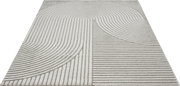 Moderner Teppich in Beige und Grau mit abstraktem Linienmuster, Draufsicht von oben in leichter Perspektive