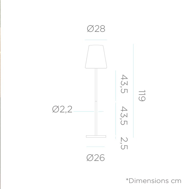 Technische Maßzeichnung einer Stehleuchte in Seitenansicht mit Lampenschirm; Maße in cm: Gesamthöhe 119, Schirmdurchmesser Ø28, Fußdurchmesser Ø26, Stabdurchmesser Ø2,2, Sockelhöhe 2,5.