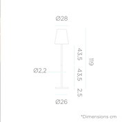 Technische Maßzeichnung einer Stehleuchte in Seitenansicht mit Lampenschirm; Maße in cm: Gesamthöhe 119, Schirmdurchmesser Ø28, Fußdurchmesser Ø26, Stabdurchmesser Ø2,2, Sockelhöhe 2,5.