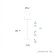Technische Maßzeichnung einer Stehleuchte in Seitenansicht mit Lampenschirm; Maße in cm: Gesamthöhe 119, Schirmdurchmesser Ø28, Fußdurchmesser Ø26, Stabdurchmesser Ø2,2, Sockelhöhe 2,5.