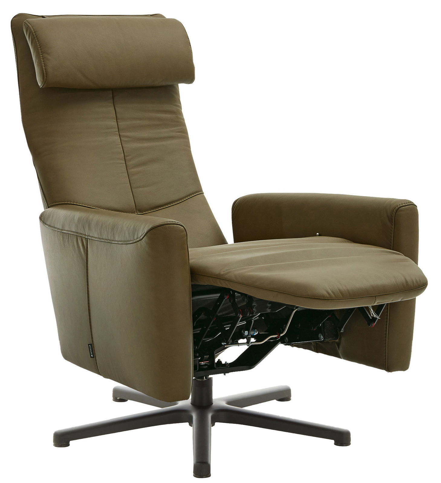 Musterring Relaxsessel MR 261 Bequemer Relaxsessel in braunem Leder, seitliche Perspektive, mit verstellbarer Rückenlehne und Fußstütze auf einem stabilen Drehfuß.