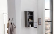 Schwarzes Hängeregal an einer weißen Wand, frontal fotografiert, mit mehreren Fächern, die dekorative Gegenstände und Pflegeprodukte enthalten.