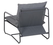 Rückansicht eines modernen Lounge-Stuhls mit grauem Metallrahmen und grauen Kissen.