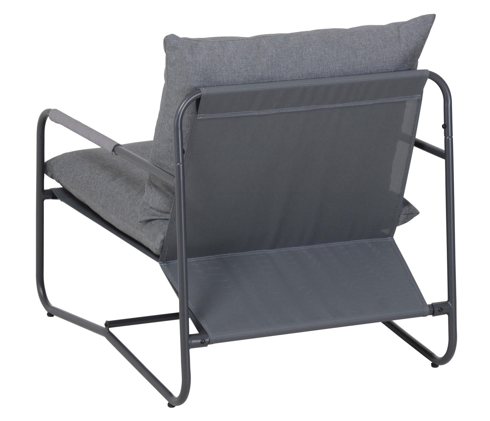 Rückansicht eines modernen Lounge-Stuhls mit grauem Metallrahmen und grauen Kissen.