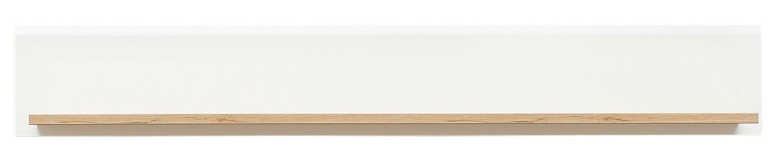 Modernes Wandboard in Weiß mit Holzleiste, frontale Ansicht