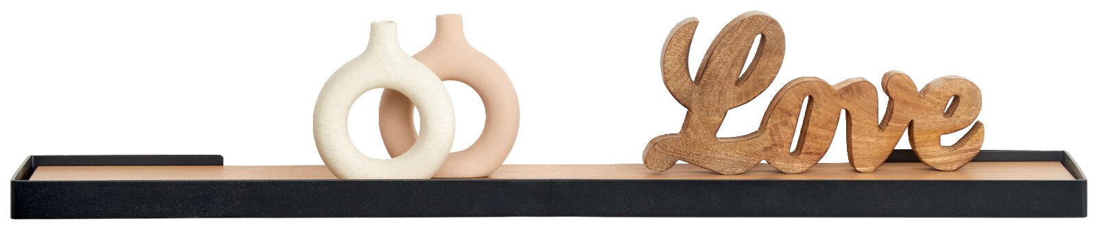 Wandplank met twee decoratieve vazen en een houten opschrift 'Love', gezien vanaf de voorkant.