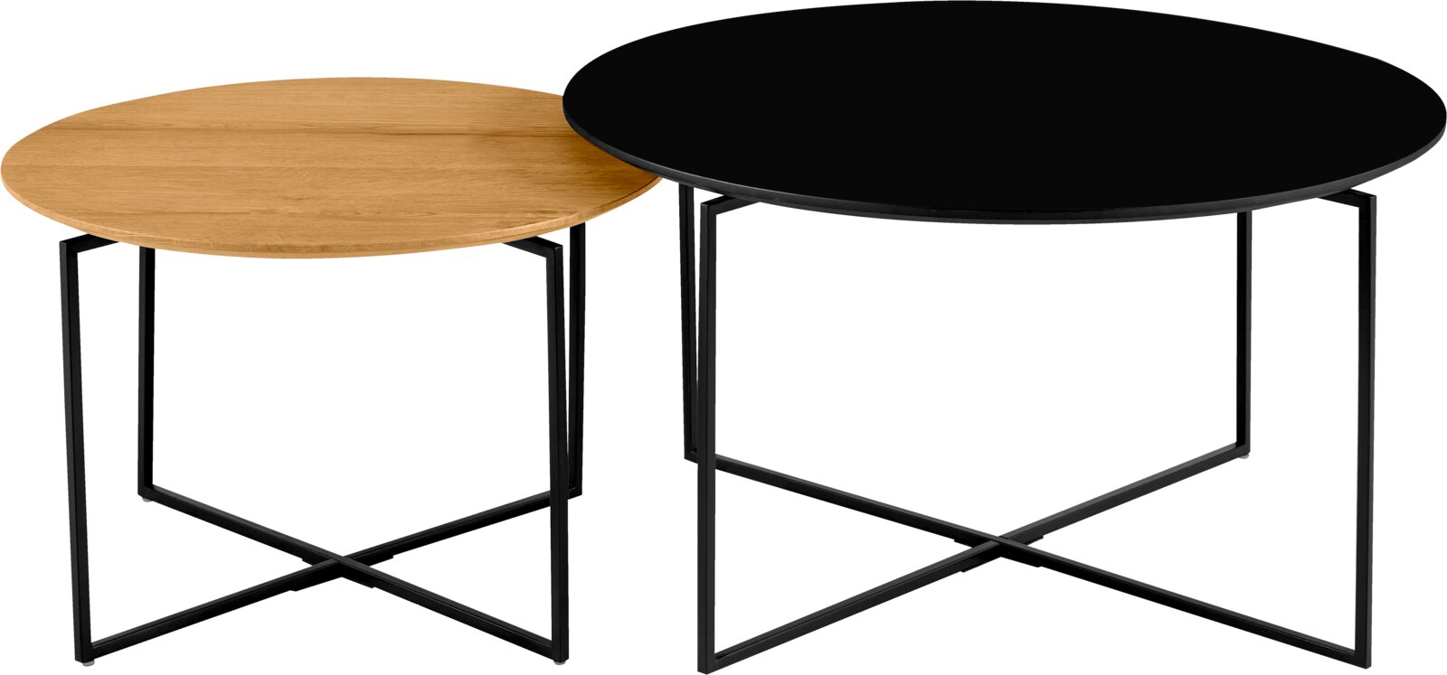 Twee ronde salontafels in een set, één met een zwart tafelblad en de andere met een houtlook, gezien vanaf de zijkant.