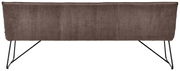 Rückansicht einer modernen Sitzbank mit braunem Stoffbezug und schwarzen Metallbeinen.
