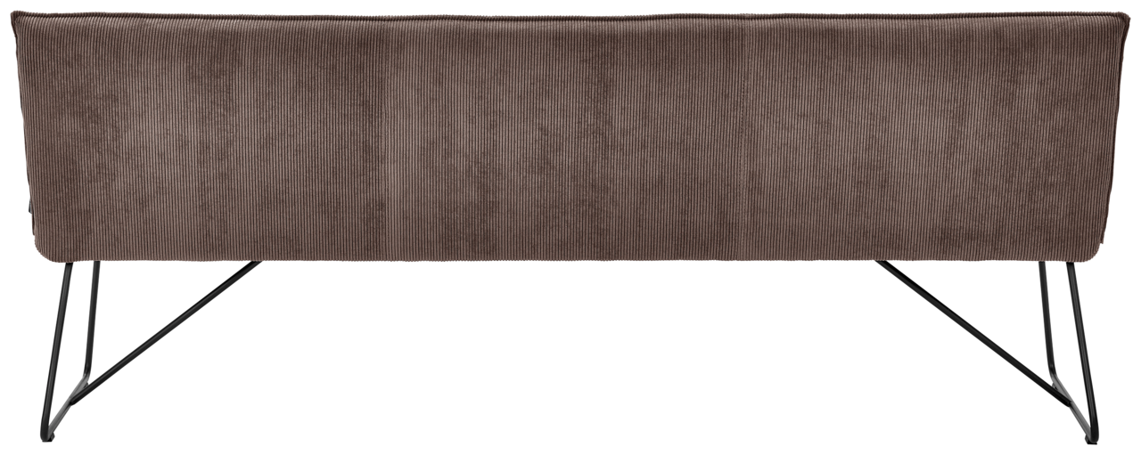 Rückansicht einer modernen Sitzbank mit braunem Stoffbezug und schwarzen Metallbeinen.