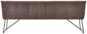 Rückansicht einer modernen Sitzbank mit braunem Stoffbezug und schwarzen Metallbeinen.