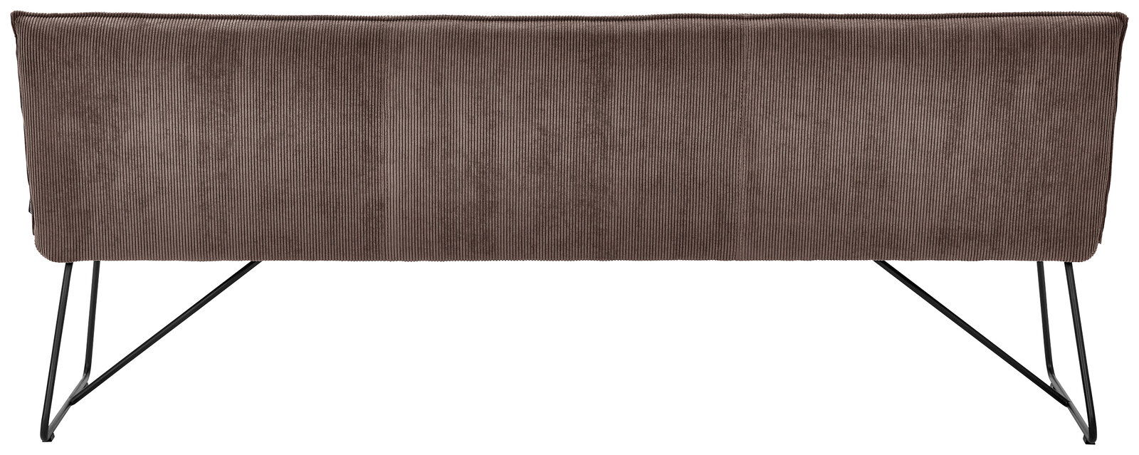 Rückansicht einer modernen Sitzbank mit braunem Stoffbezug und schwarzen Metallbeinen.