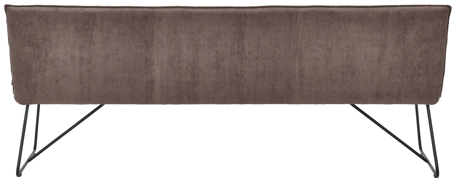 Rückansicht einer modernen Sitzbank mit braunem Stoffbezug und schwarzen Metallbeinen.