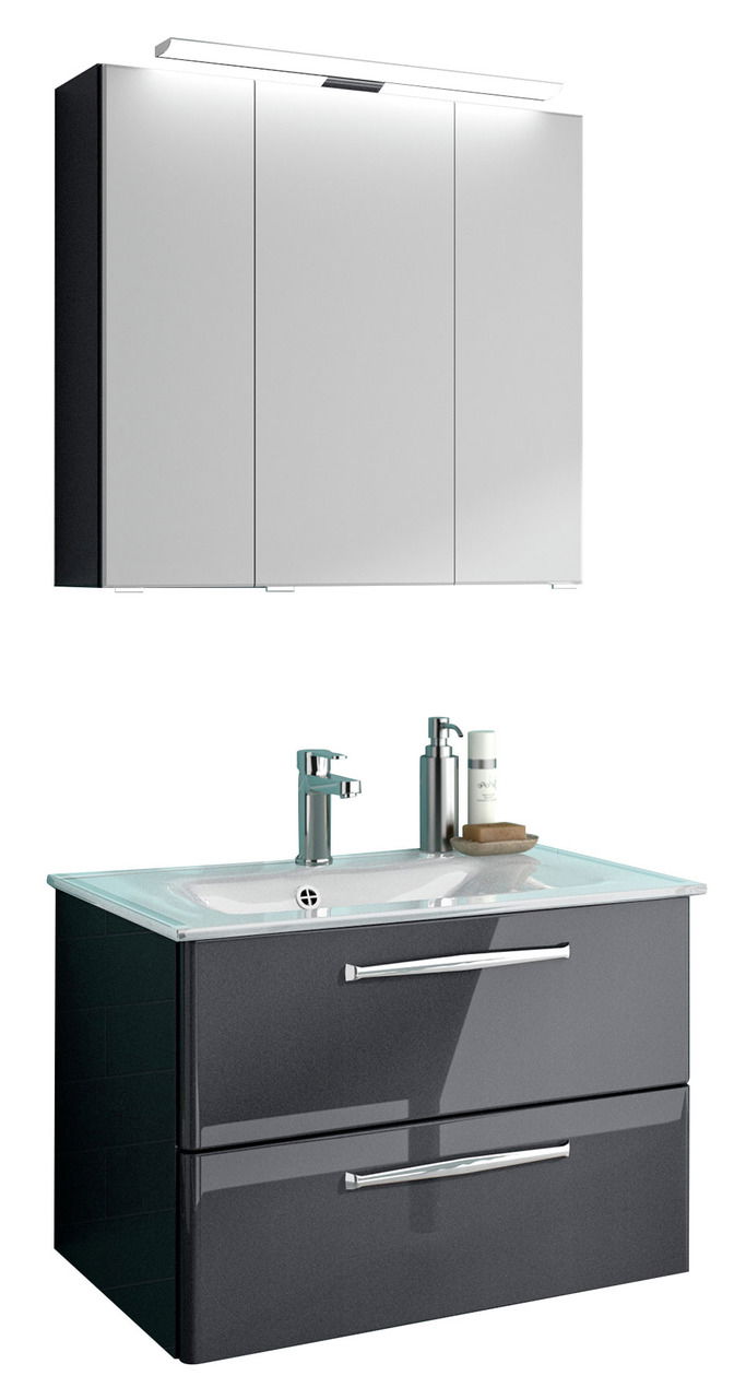 Moderner Badblock mit Spiegelschrank und Waschbecken, Frontalansicht