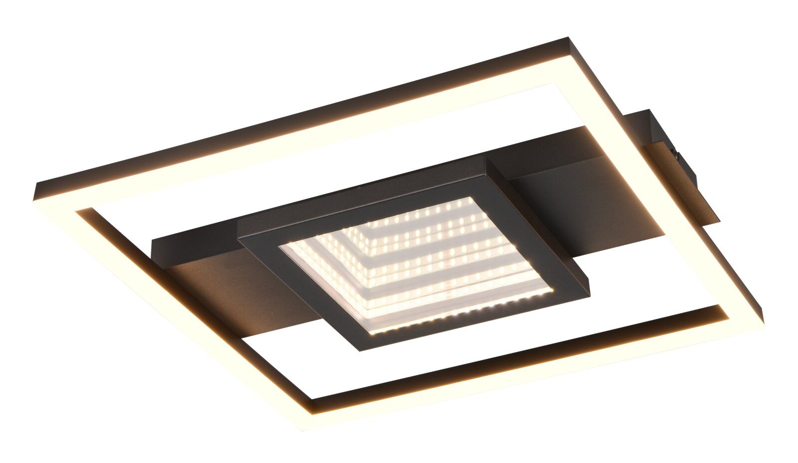 Moderne quadratische Deckenleuchte mit LED-Beleuchtung, seitliche Perspektive