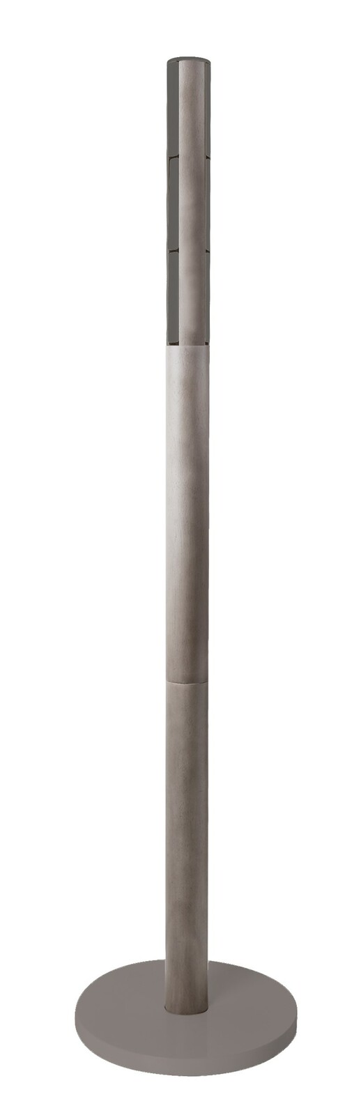Moderner Garderobenständer aus Metall in Frontalansicht mit rundem Sockel.