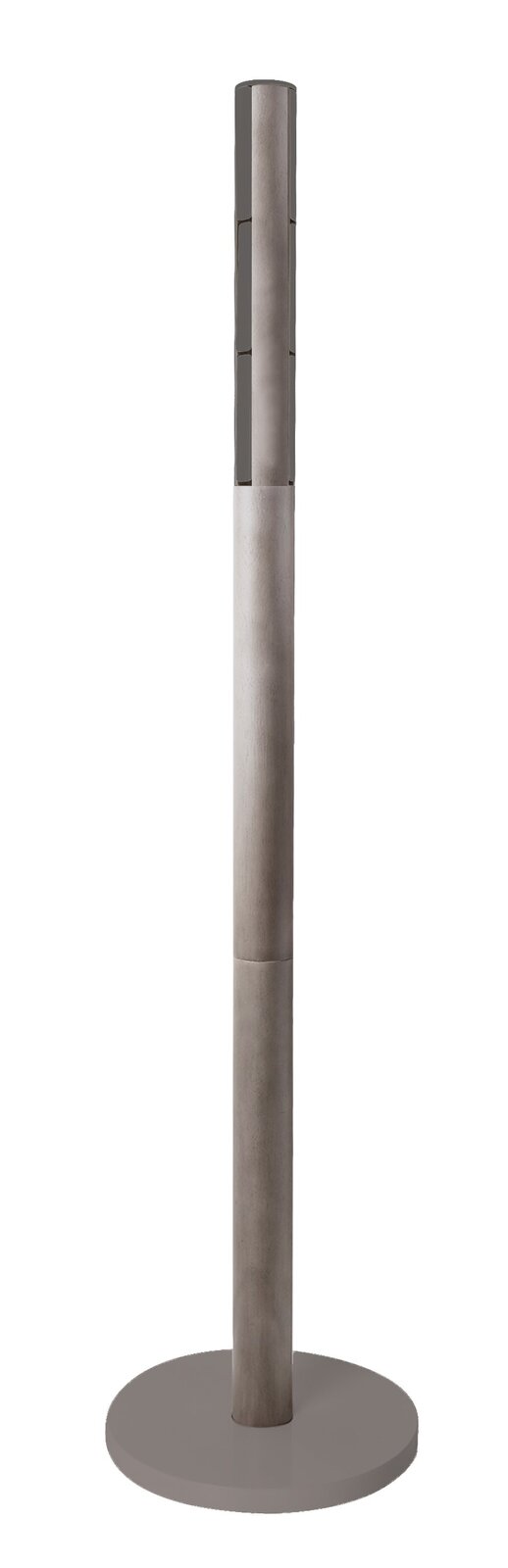 Moderner Garderobenständer aus Metall in Frontalansicht mit rundem Sockel.