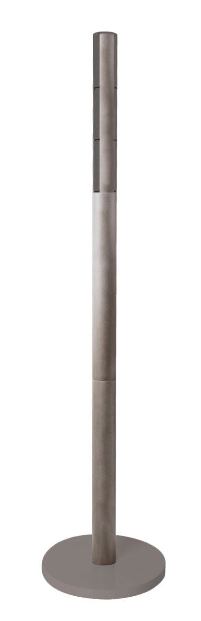 Moderner Garderobenständer aus Metall in Frontalansicht mit rundem Sockel.
